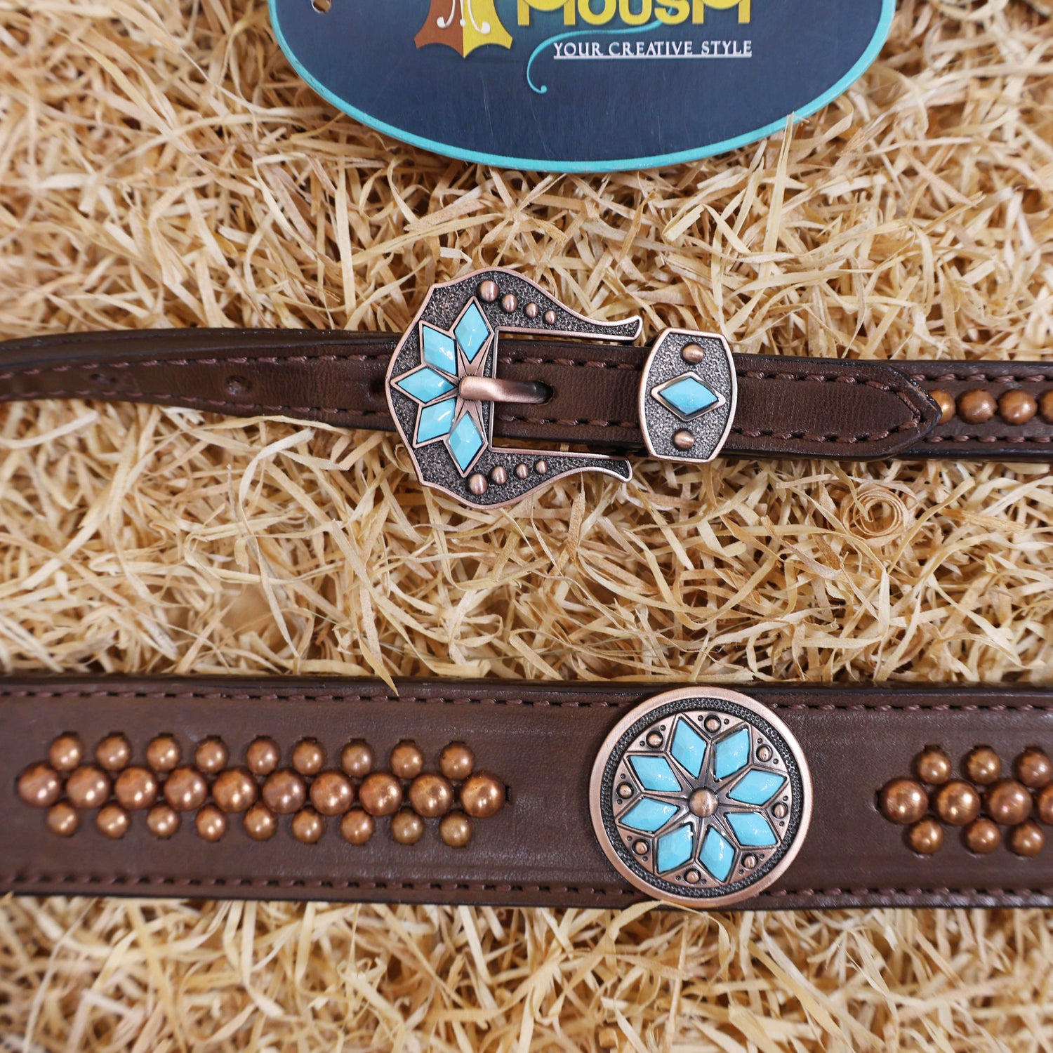 MOUSM Western Horse Tack Set – Leather One Ear Headstall and Breast Collar Set Decorated with Turquoise Stones, Copper Studs, and Copper Conchos