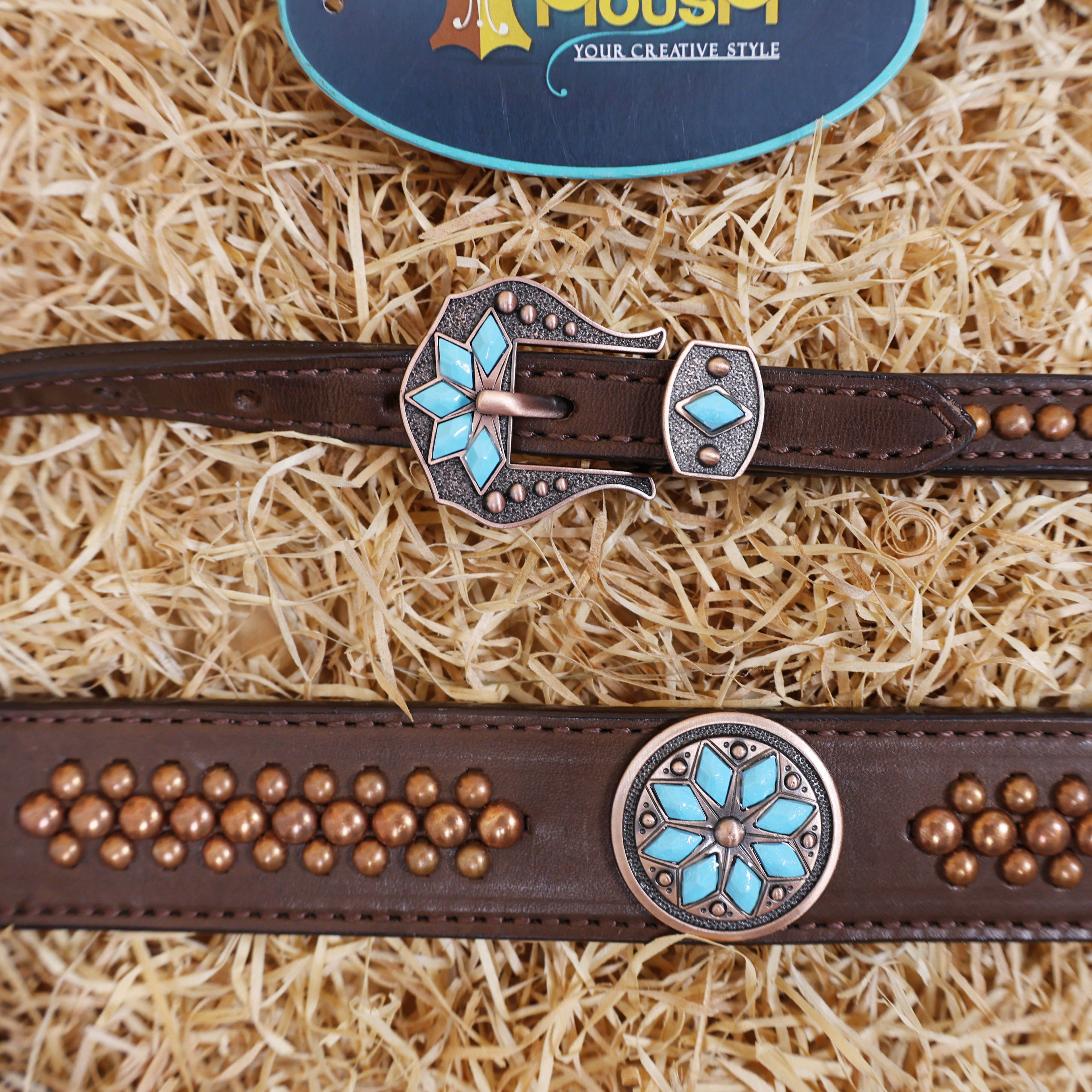MOUSM Western Horse Tack Set – Leather One Ear Headstall and Breast Collar Set Decorated with Turquoise Stones, Copper Studs, and Copper Conchos