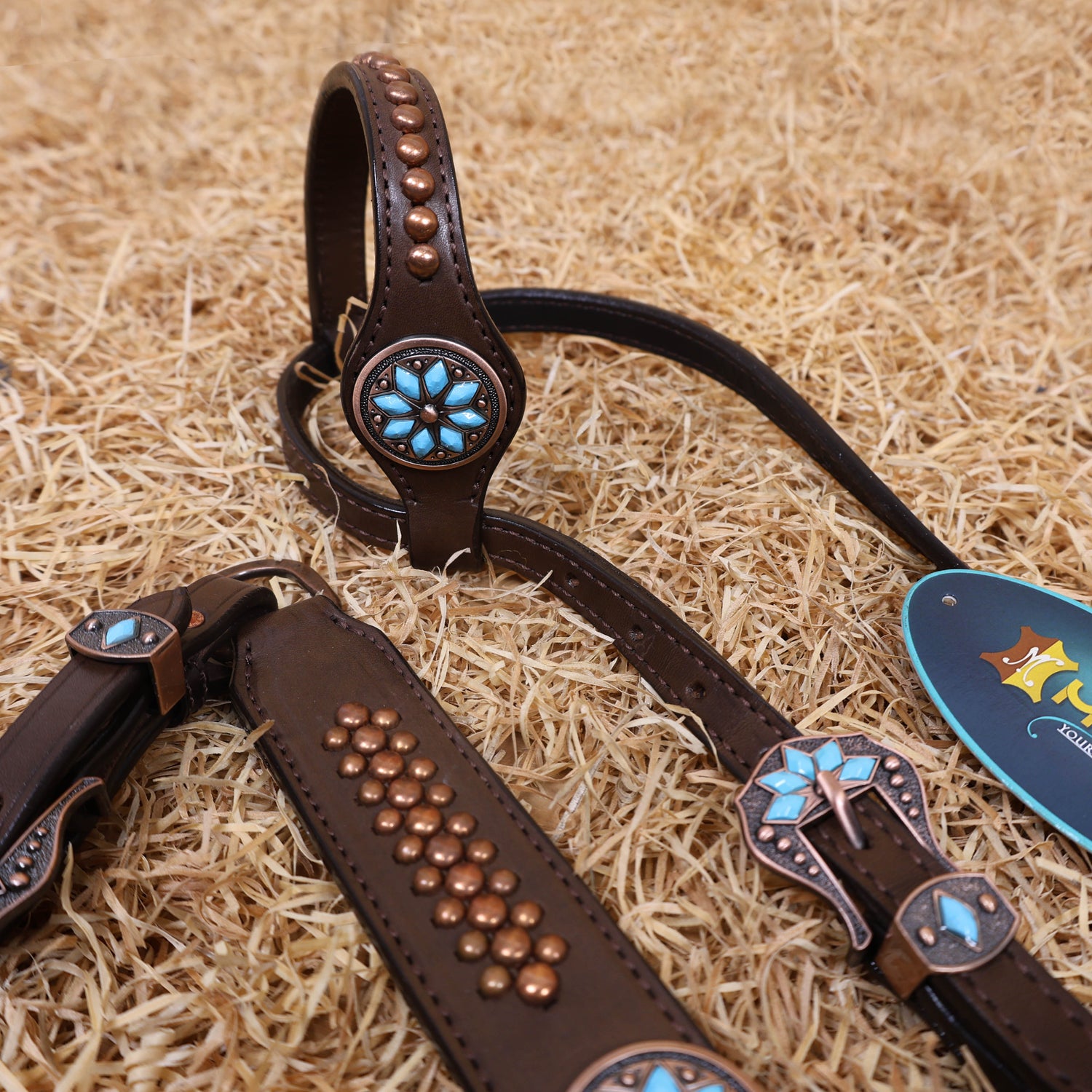 MOUSM Western Horse Tack Set – Leather One Ear Headstall and Breast Collar Set Decorated with Turquoise Stones, Copper Studs, and Copper Conchos