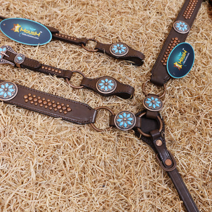 MOUSM Western Horse Tack Set – Leather One Ear Headstall and Breast Collar Set Decorated with Turquoise Stones, Copper Studs, and Copper Conchos