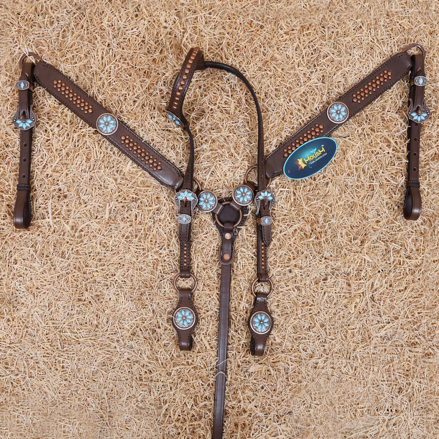 MOUSM Western Horse Tack Set – Leather One Ear Headstall and Breast Collar Set Decorated with Turquoise Stones, Copper Studs, and Copper Conchos