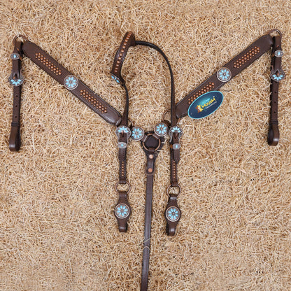 MOUSM Western Horse Tack Set – Leather One Ear Headstall and Breast Collar Set Decorated with Turquoise Stones, Copper Studs, and Copper Conchos