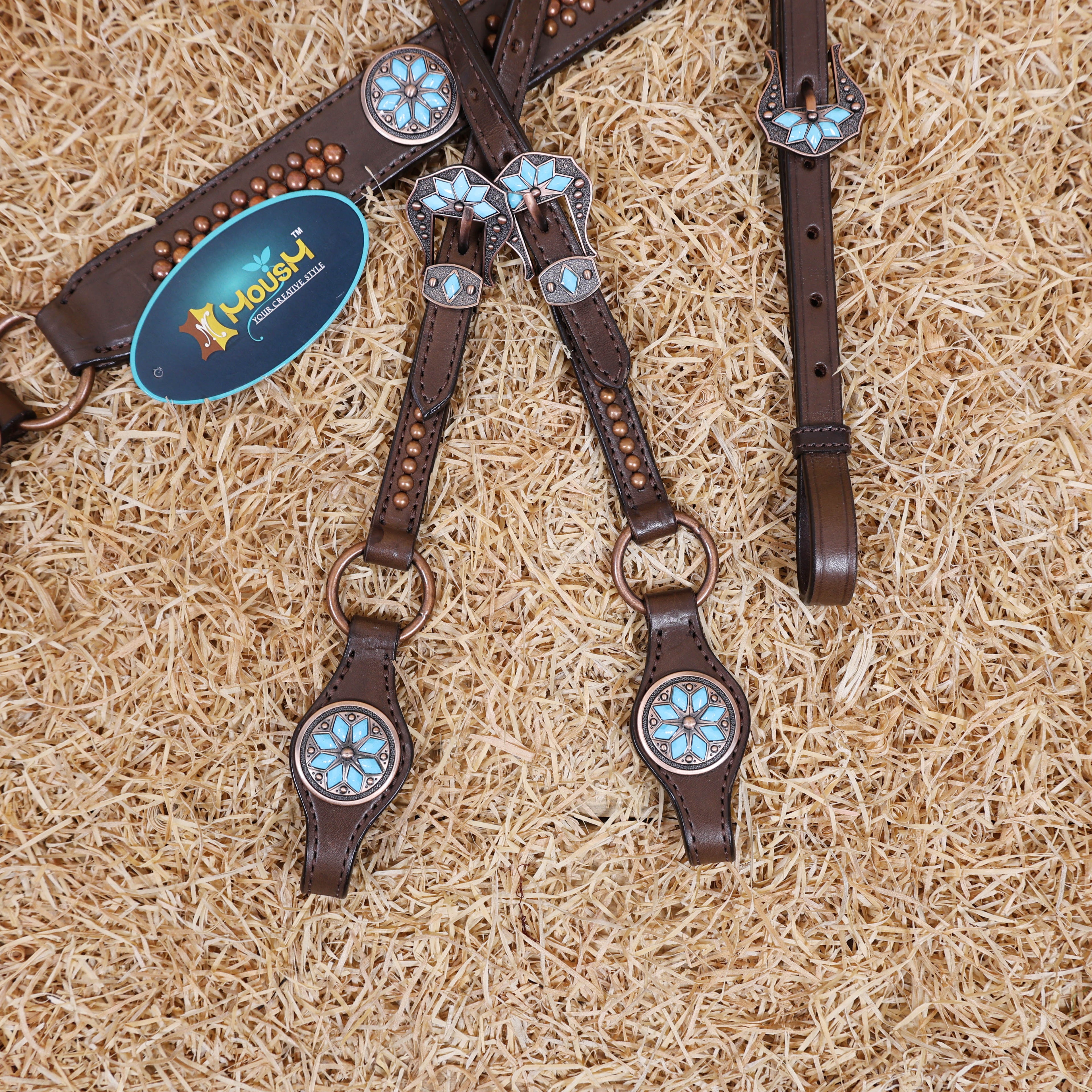 MOUSM Western Horse Tack Set – Leather One Ear Headstall and Breast Collar Set Decorated with Turquoise Stones, Copper Studs, and Copper Conchos