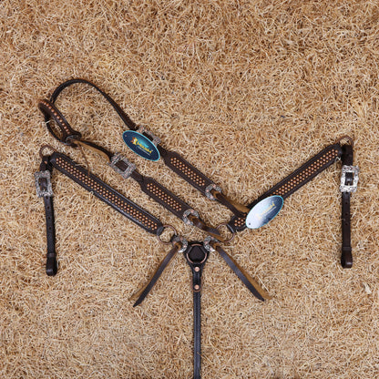 MOUSM Horse Tack Set – Western One Ear Headstall and Breast Collar, Crafted from Argentina Cow leather, Decorated with Copper Studs and Copper Slot Conchos with Leather Strings on the Breast Collar