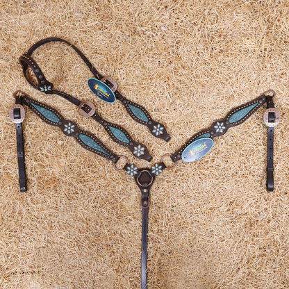 MOUSM Western Horse Tack Set – Leather One Ear Headstall and Breast Collar Decorated with Turquoise Flower Conchos, Extra Copper Ring on Breast Collar, and Alligator Cutout Inlay with Copper Studs