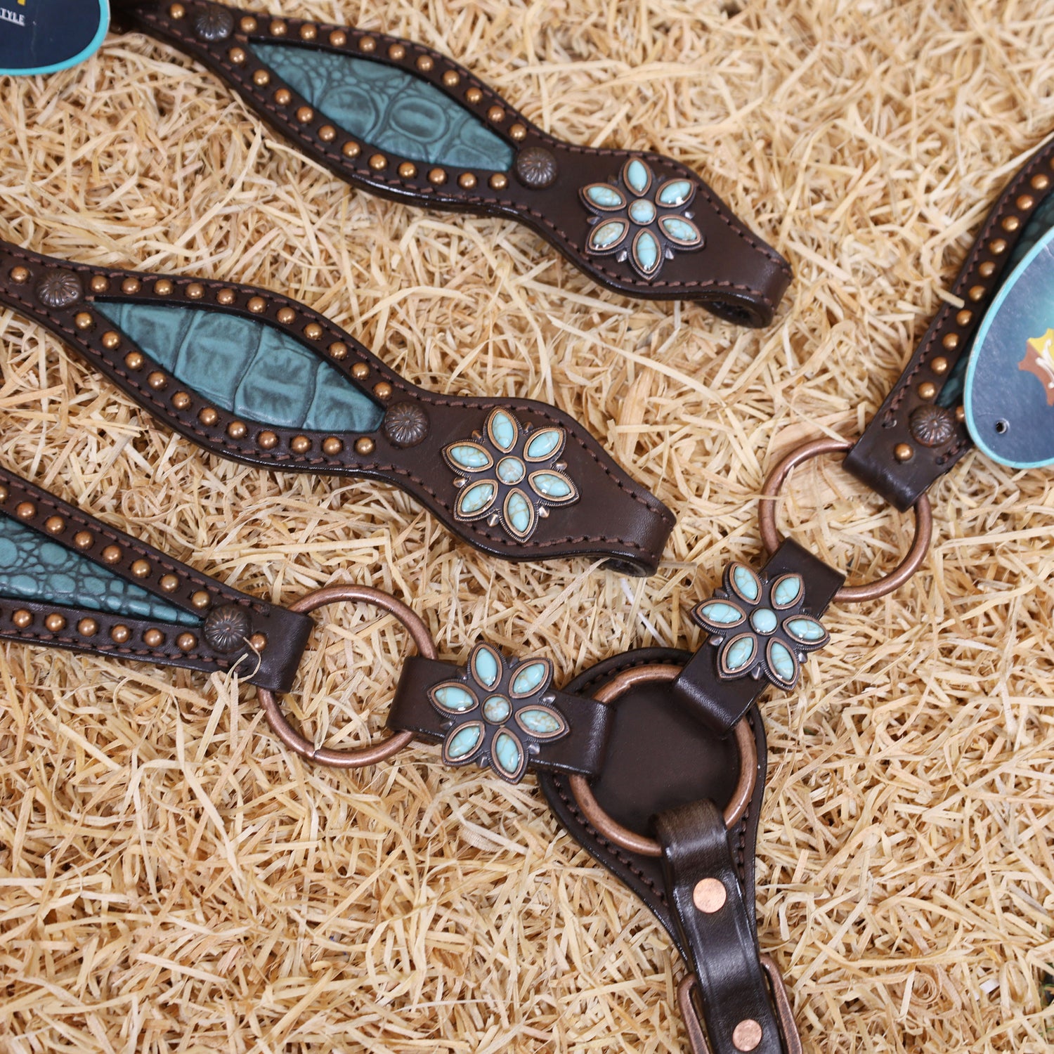 MOUSM Western Horse Tack Set – Leather One Ear Headstall and Breast Collar Decorated with Turquoise Flower Conchos, Extra Copper Ring on Breast Collar, and Alligator Cutout Inlay with Copper Studs