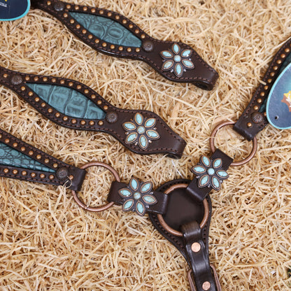 MOUSM Western Horse Tack Set – Leather One Ear Headstall and Breast Collar Decorated with Turquoise Flower Conchos, Extra Copper Ring on Breast Collar, and Alligator Cutout Inlay with Copper Studs