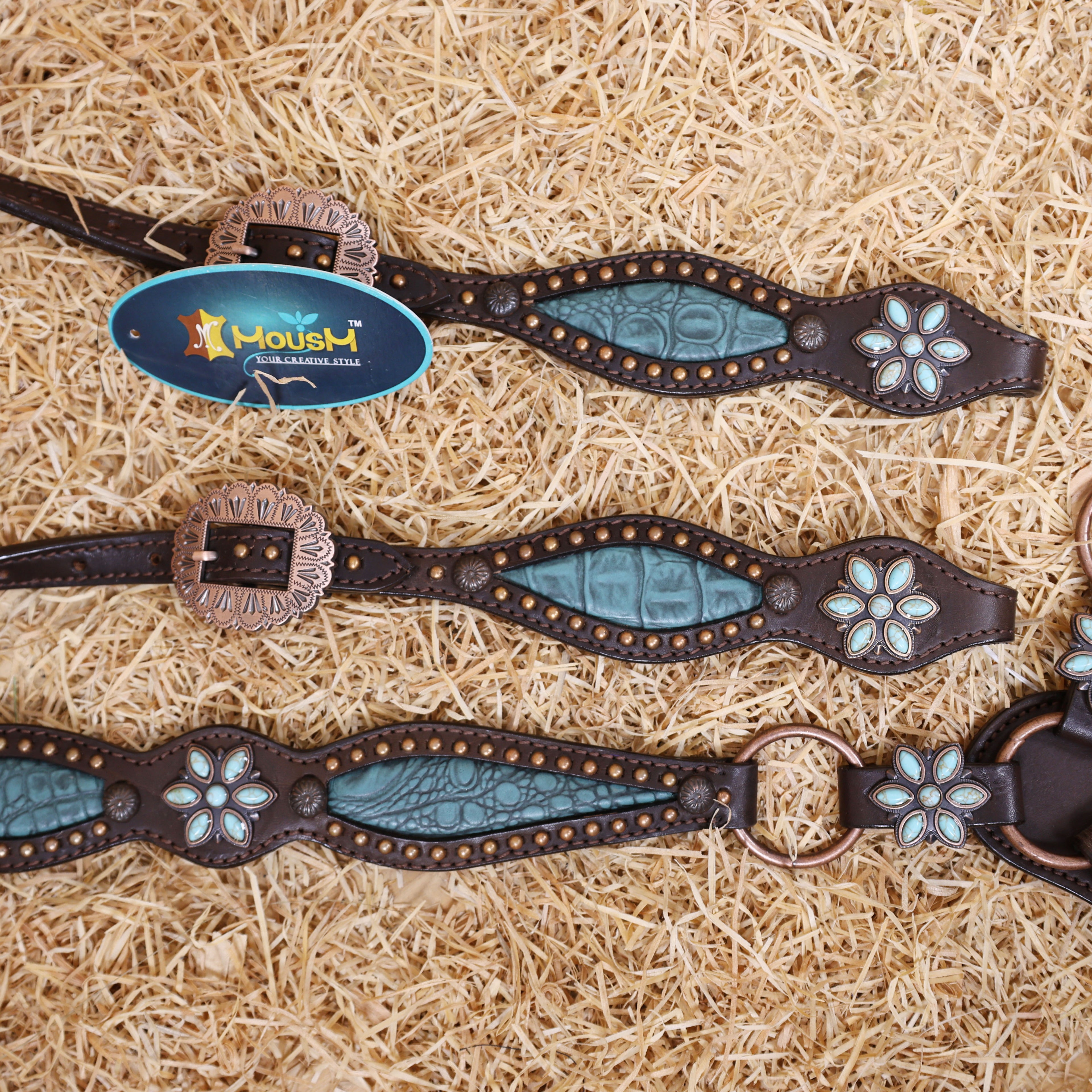 MOUSM Western Horse Tack Set – Leather One Ear Headstall and Breast Collar Decorated with Turquoise Flower Conchos, Extra Copper Ring on Breast Collar, and Alligator Cutout Inlay with Copper Studs