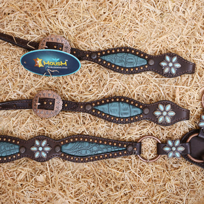MOUSM Western Horse Tack Set – Leather One Ear Headstall and Breast Collar Decorated with Turquoise Flower Conchos, Extra Copper Ring on Breast Collar, and Alligator Cutout Inlay with Copper Studs