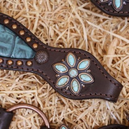 MOUSM Western Horse Tack Set – Leather One Ear Headstall and Breast Collar Decorated with Turquoise Flower Conchos, Extra Copper Ring on Breast Collar, and Alligator Cutout Inlay with Copper Studs