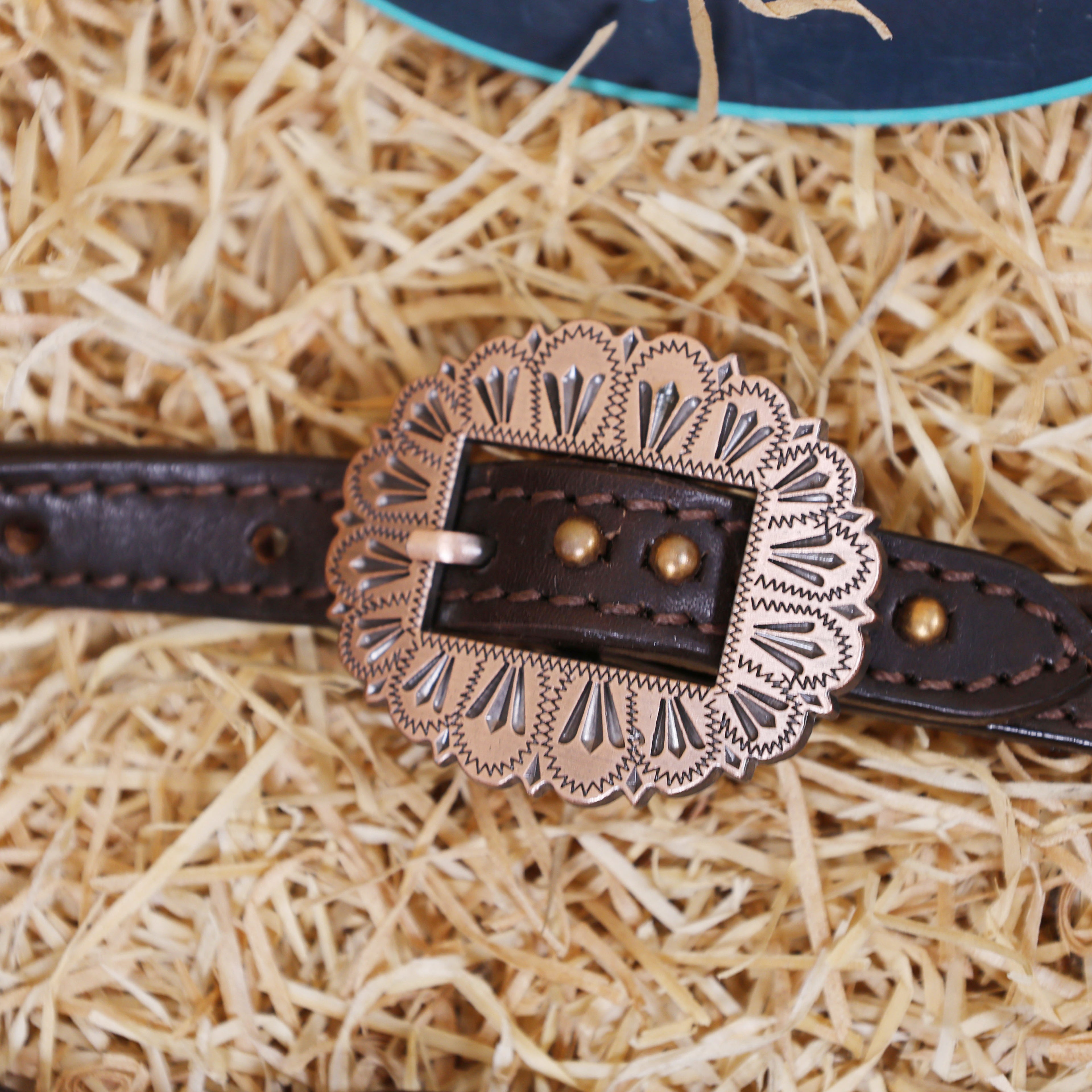MOUSM Western Horse Tack Set – Leather One Ear Headstall and Breast Collar Decorated with Turquoise Flower Conchos, Extra Copper Ring on Breast Collar, and Alligator Cutout Inlay with Copper Studs