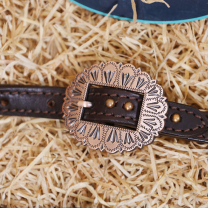 MOUSM Western Horse Tack Set – Leather One Ear Headstall and Breast Collar Decorated with Turquoise Flower Conchos, Extra Copper Ring on Breast Collar, and Alligator Cutout Inlay with Copper Studs