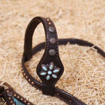 MOUSM Western Horse Tack Set – Leather One Ear Headstall and Breast Collar Decorated with Turquoise Flower Conchos, Extra Copper Ring on Breast Collar, and Alligator Cutout Inlay with Copper Studs