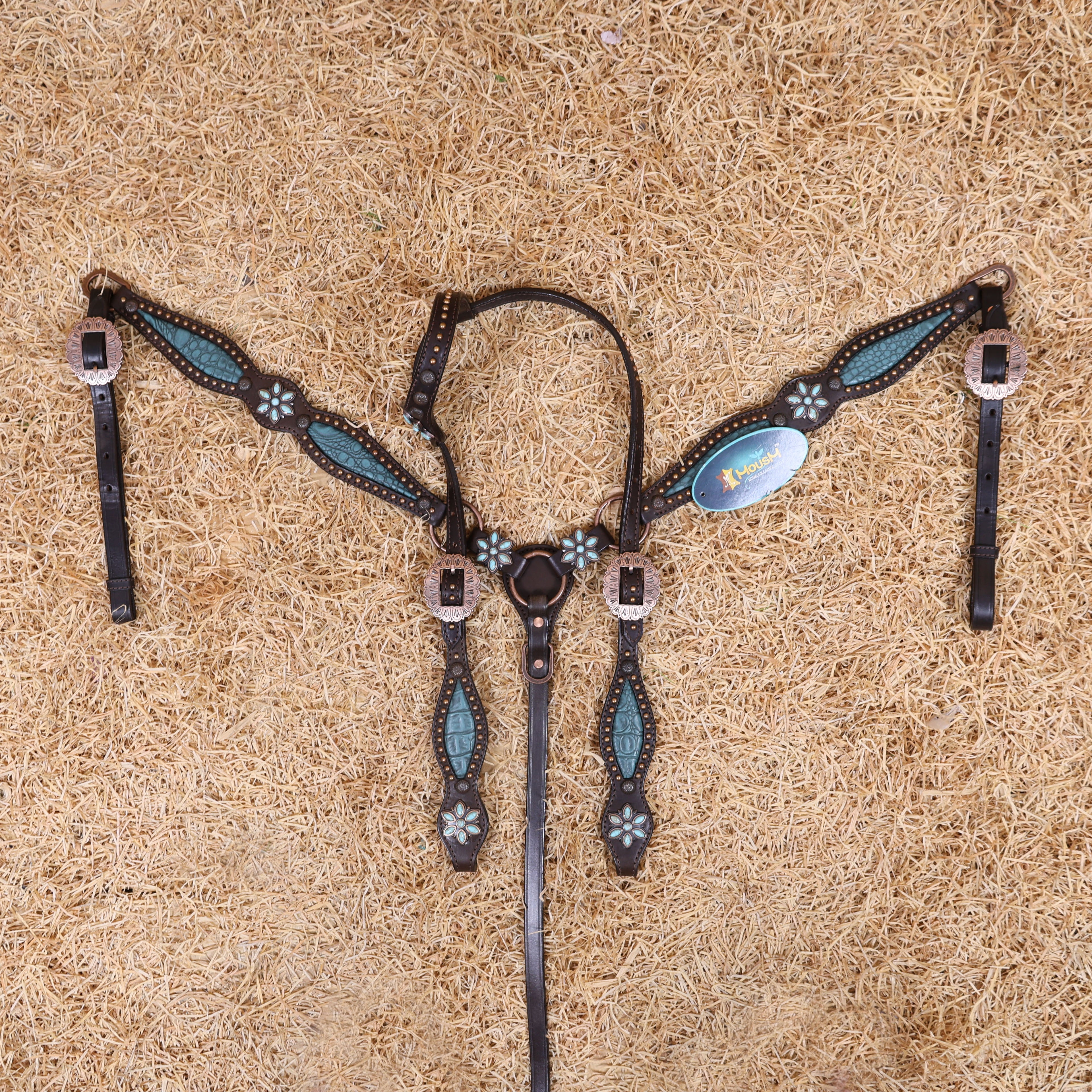 MOUSM Western Horse Tack Set – Leather One Ear Headstall and Breast Collar Decorated with Turquoise Flower Conchos, Extra Copper Ring on Breast Collar, and Alligator Cutout Inlay with Copper Studs