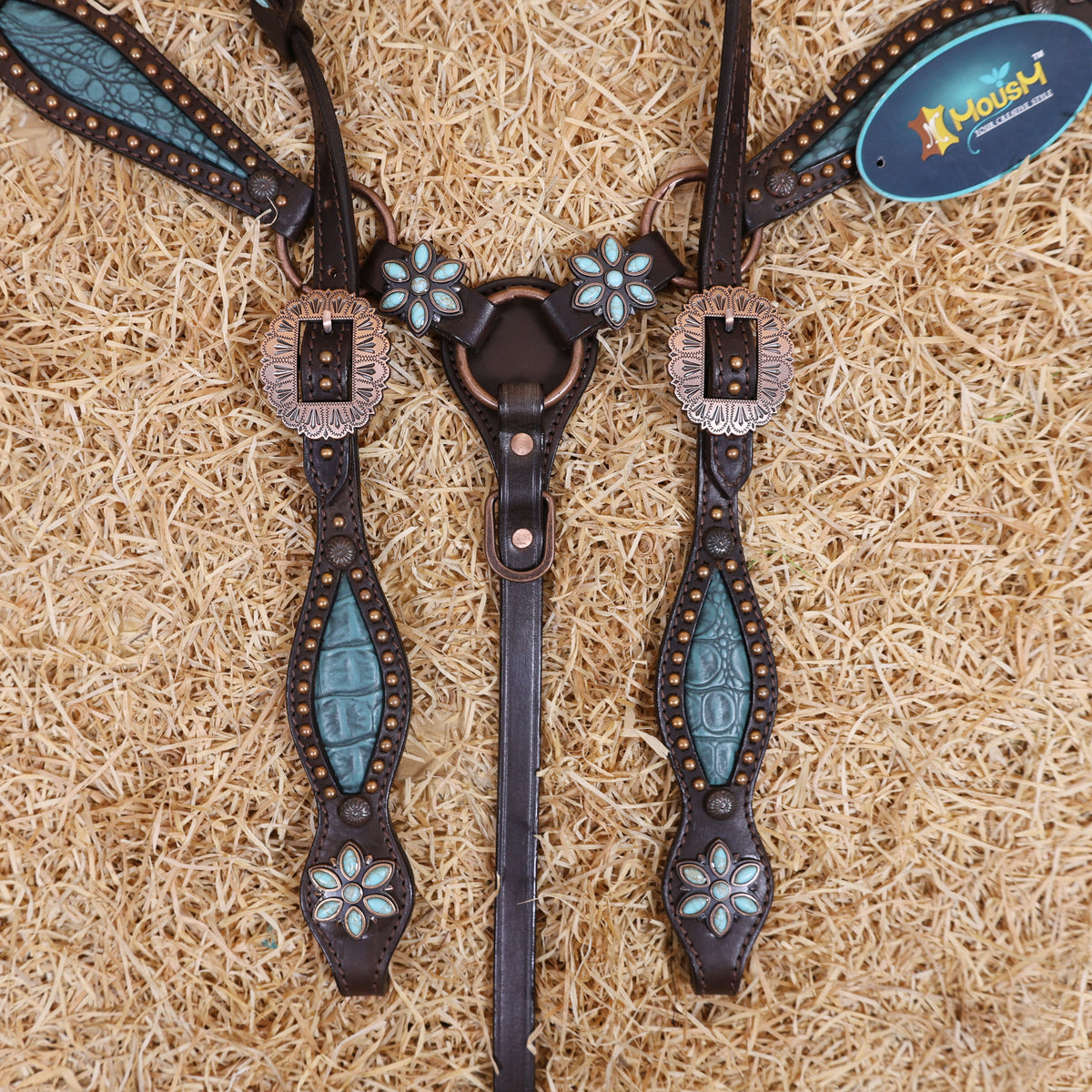 Alligator Cutout Inlay with Copper Studs One Ear Headstall Tack Set