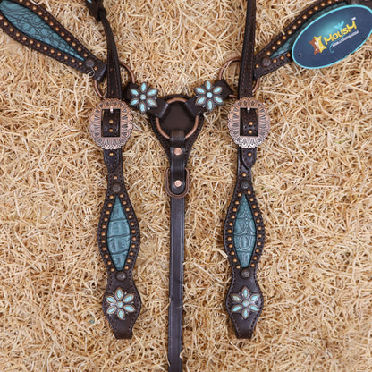 MOUSM Western Horse Tack Set – Leather One Ear Headstall and Breast Collar Decorated with Turquoise Flower Conchos, Extra Copper Ring on Breast Collar, and Alligator Cutout Inlay with Copper Studs