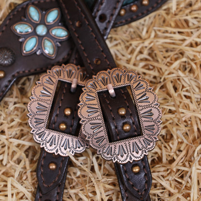 MOUSM Western Horse Tack Set – Leather One Ear Headstall and Breast Collar Decorated with Turquoise Flower Conchos, Extra Copper Ring on Breast Collar, and Alligator Cutout Inlay with Copper Studs