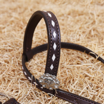 MOUSM One Ear Headstall Set – Western Leather Horse Tack Set Decorated with Criss-Cross Rawhide Braiding and Hand-Tooled Flower Carvings, Featuring Antique Finish Nickel Hardware