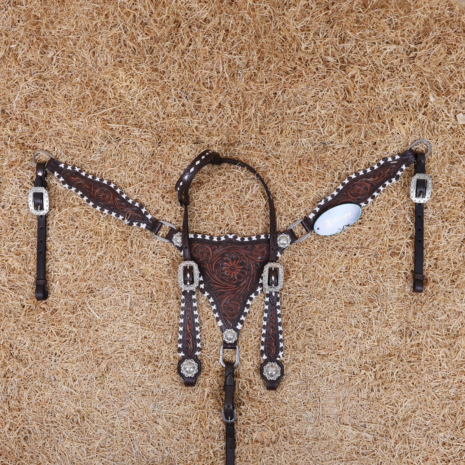 MOUSM One Ear Headstall Set – Western Leather Horse Tack Set Decorated with Criss-Cross Rawhide Braiding and Hand-Tooled Flower Carvings, Featuring Antique Finish Nickel Hardware