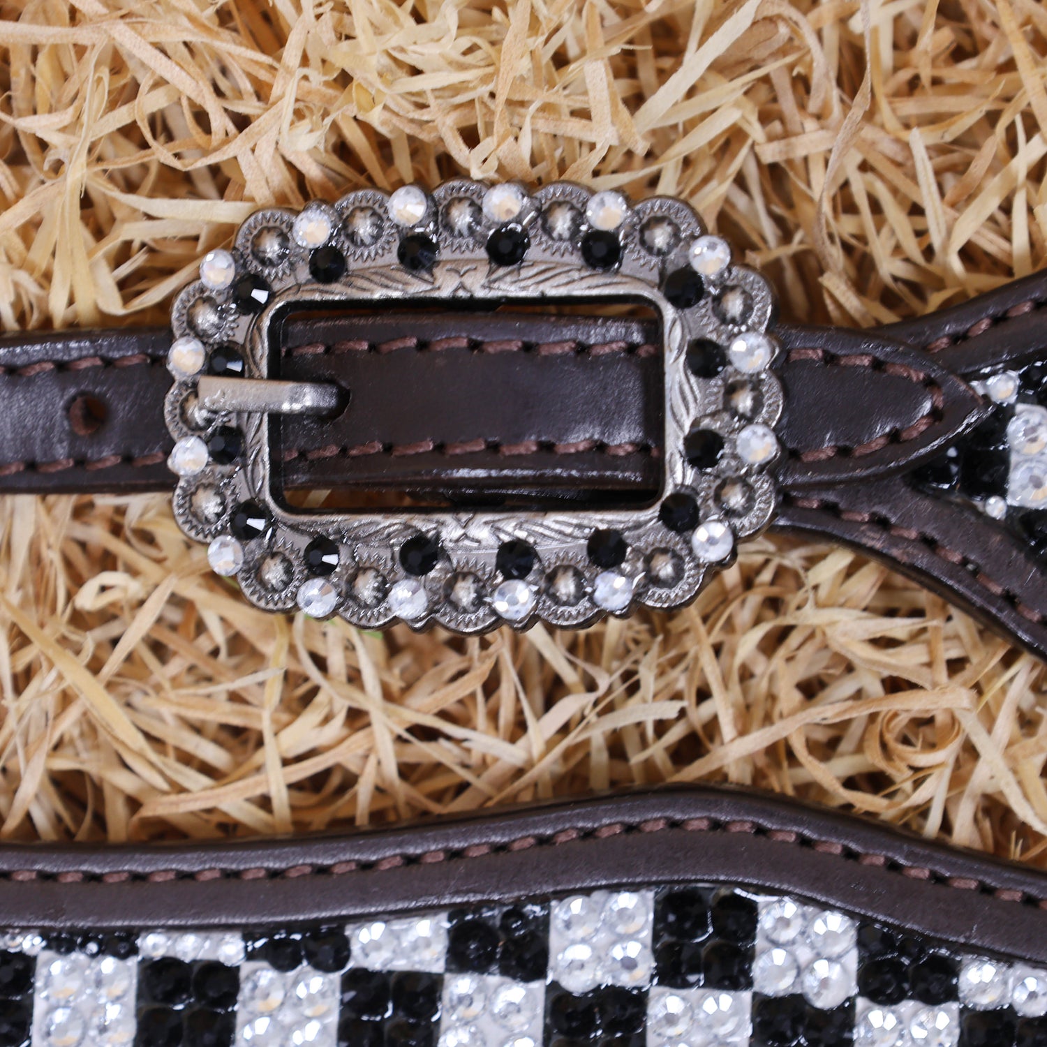 MOUSM Western Headstall and Breast Collar Set - Made with Argentina Cow Leather Decorated with Black and White Dazzle Stone Checkered Design with Bling Berry Conchos, All Antique Nickel Hardware