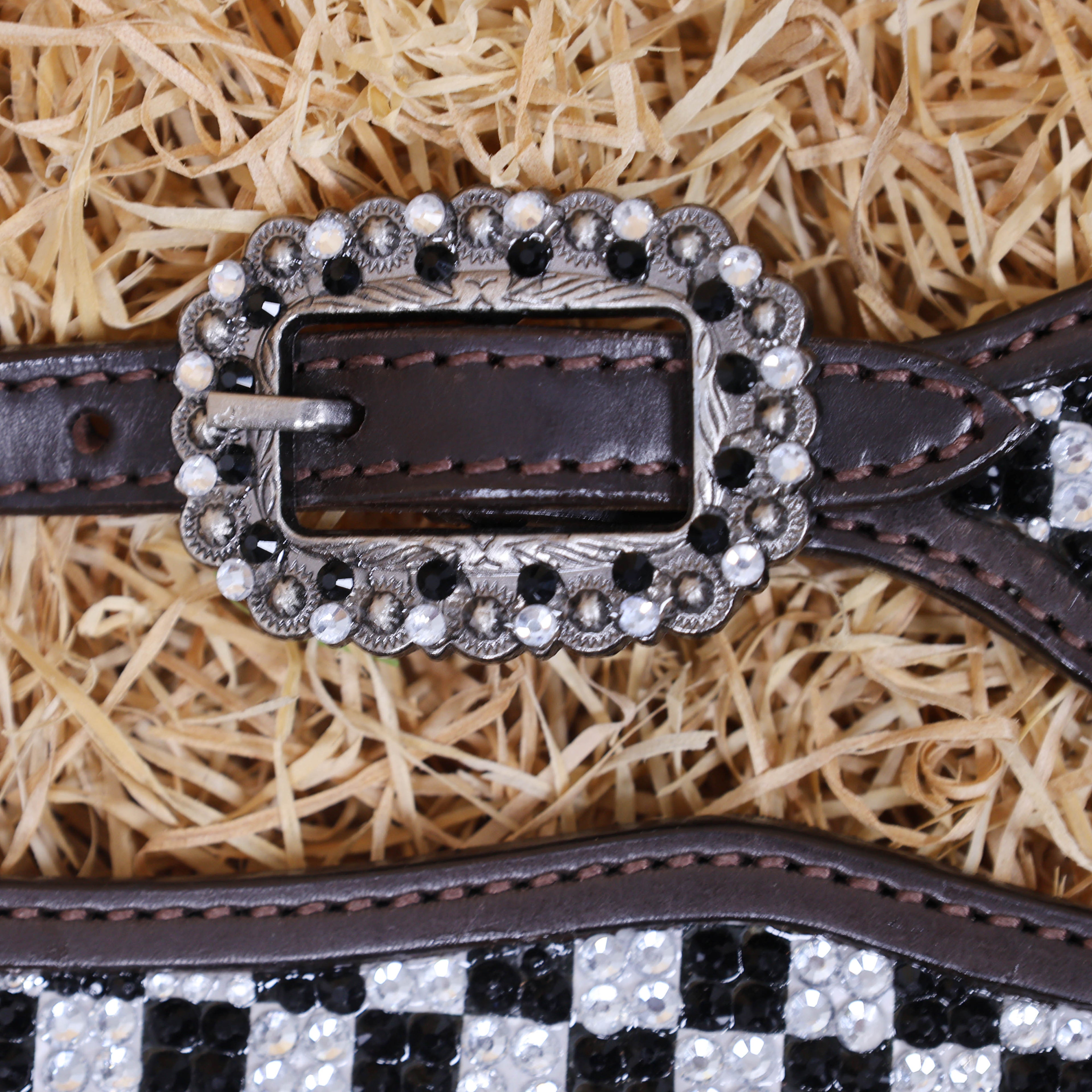 MOUSM Western Headstall and Breast Collar Set - Made with Argentina Cow Leather Decorated with Black and White Dazzle Stone Checkered Design with Bling Berry Conchos, All Antique Nickel Hardware