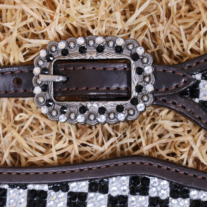 MOUSM Western Headstall and Breast Collar Set - Made with Argentina Cow Leather Decorated with Black and White Dazzle Stone Checkered Design with Bling Berry Conchos, All Antique Nickel Hardware