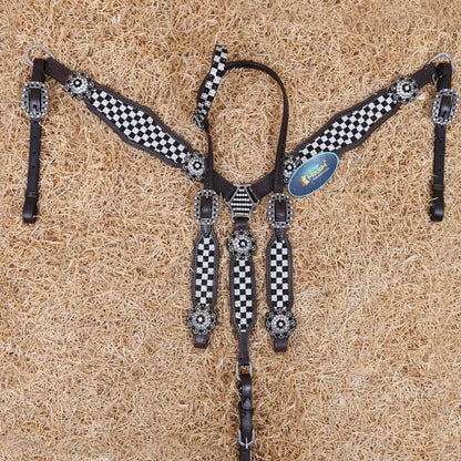 MOUSM Western Headstall and Breast Collar Set - Made with Argentina Cow Leather Decorated with Black and White Dazzle Stone Checkered Design with Bling Berry Conchos, All Antique Nickel Hardware