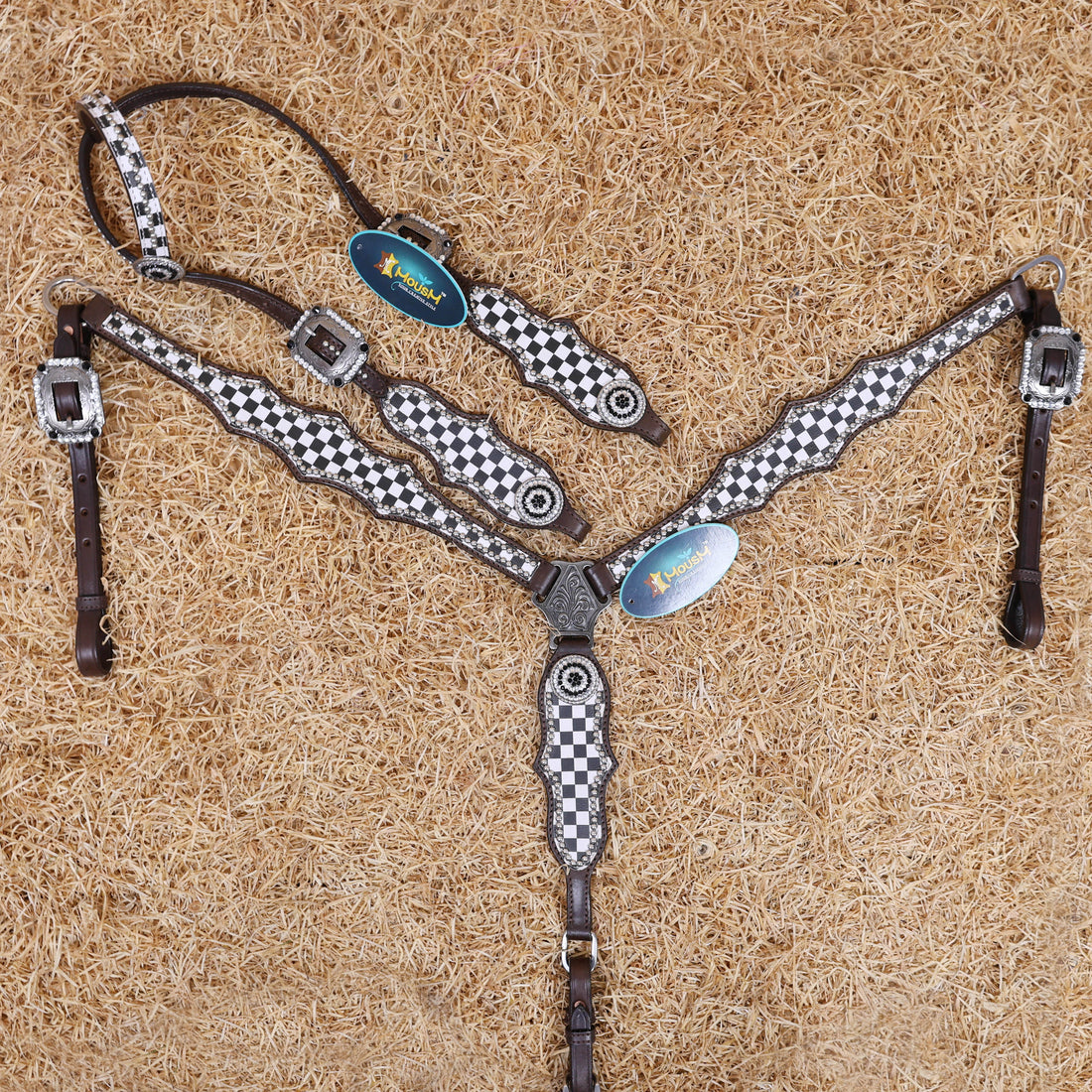MOUSM Western Headstall Tack Set - Made from Argentina Cow Leather Decorated with Black and White Checkered Pattern and Round Rhinestone Conchos Surrounded By Sliver Studs, All Antique Nickel Hardware