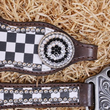 MOUSM Western Headstall Tack Set - Made from Argentina Cow Leather Decorated with Black and White Checkered Pattern and Round Rhinestone Conchos Surrounded By Sliver Studs, All Antique Nickel Hardware