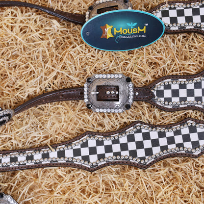 MOUSM Western Headstall Tack Set - Made from Argentina Cow Leather Decorated with Black and White Checkered Pattern and Round Rhinestone Conchos Surrounded By Sliver Studs, All Antique Nickel Hardware