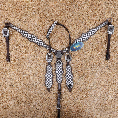 MOUSM Western Headstall Tack Set - Made from Argentina Cow Leather Decorated with Black and White Checkered Pattern and Round Rhinestone Conchos Surrounded By Sliver Studs, All Antique Nickel Hardware