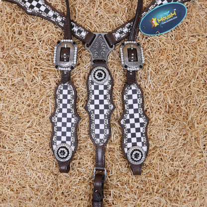 MOUSM Western Headstall Tack Set - Made from Argentina Cow Leather Decorated with Black and White Checkered Pattern and Round Rhinestone Conchos Surrounded By Sliver Studs, All Antique Nickel Hardware