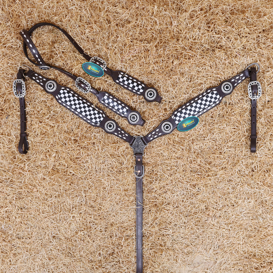 MOUSM Western Headstall &amp; Breast Collar Set – Decorated With Black And White Checkered Pattern, Buck Stitching and Dazzling Round Conchos, All Antique Nickel Hardware