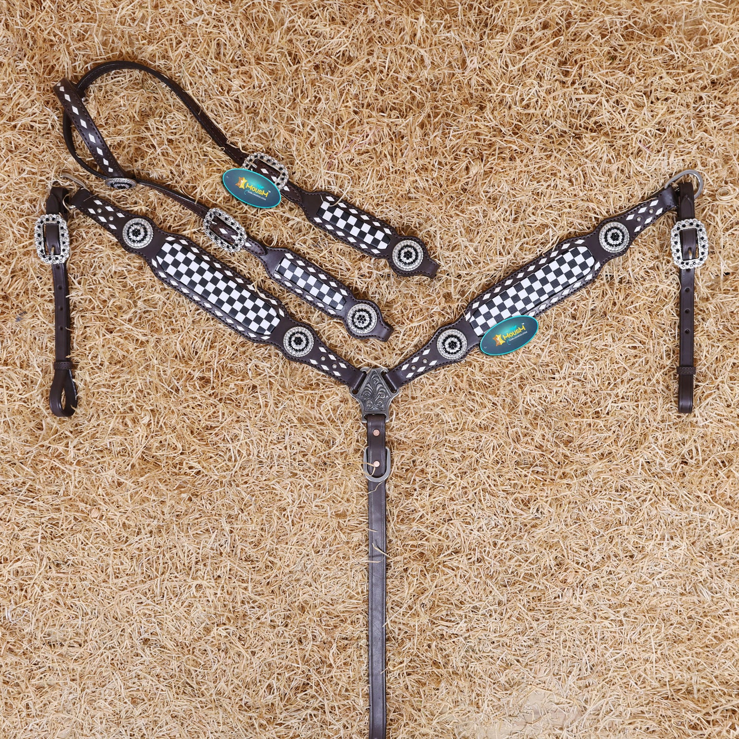 MOUSM Western Headstall &amp; Breast Collar Set – Decorated With Black And White Checkered Pattern, Buck Stitching and Dazzling Round Conchos, All Antique Nickel Hardware