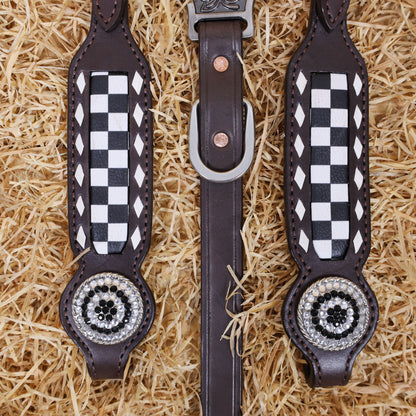MOUSM Western Headstall &amp; Breast Collar Set – Decorated With Black And White Checkered Pattern, Buck Stitching and Dazzling Round Conchos, All Antique Nickel Hardware