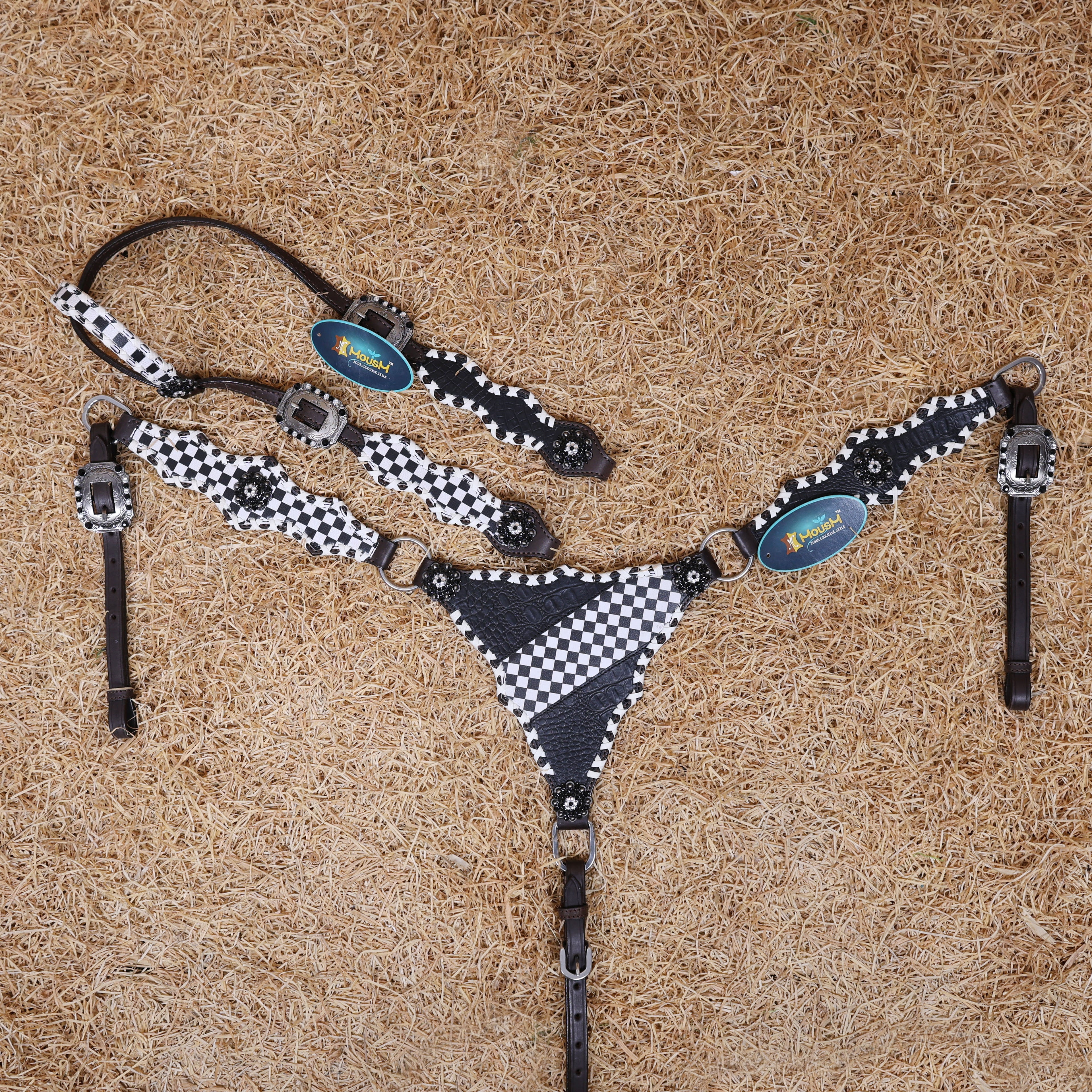 MOUSM Western Headstall and Breast Collar Set - Made with Argentina Cow Leather Decorated with Dual Tone Black Alligator Design and Checkered Pattern, Criss-Cross Rawhide Braiding All Around the Border, Bling Berry Conchos, All Antique Nickel Hardware