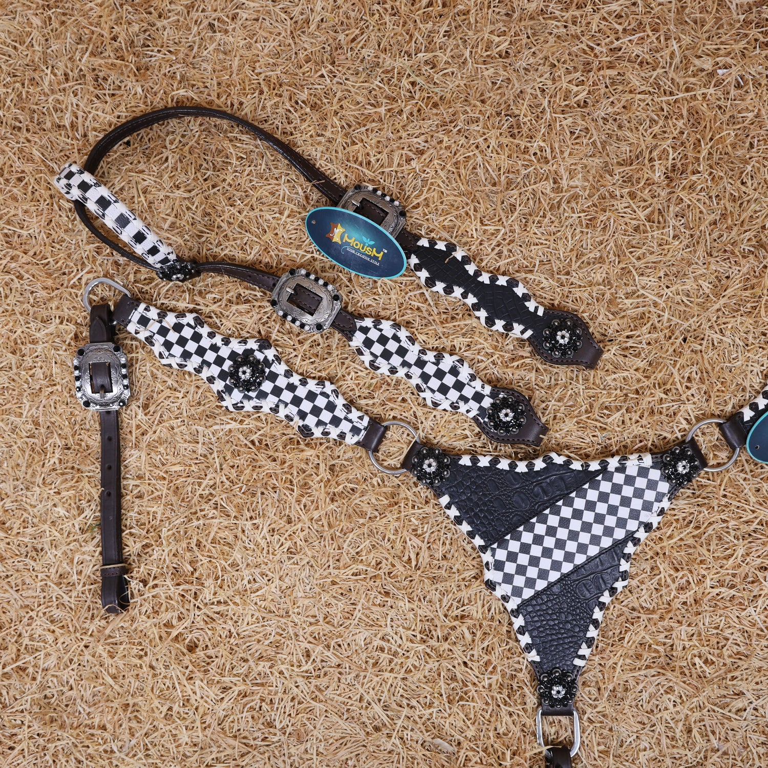 MOUSM Western Headstall and Breast Collar Set - Made with Argentina Cow Leather Decorated with Dual Tone Black Alligator Design and Checkered Pattern, Criss-Cross Rawhide Braiding All Around the Border, Bling Berry Conchos, All Antique Nickel Hardware