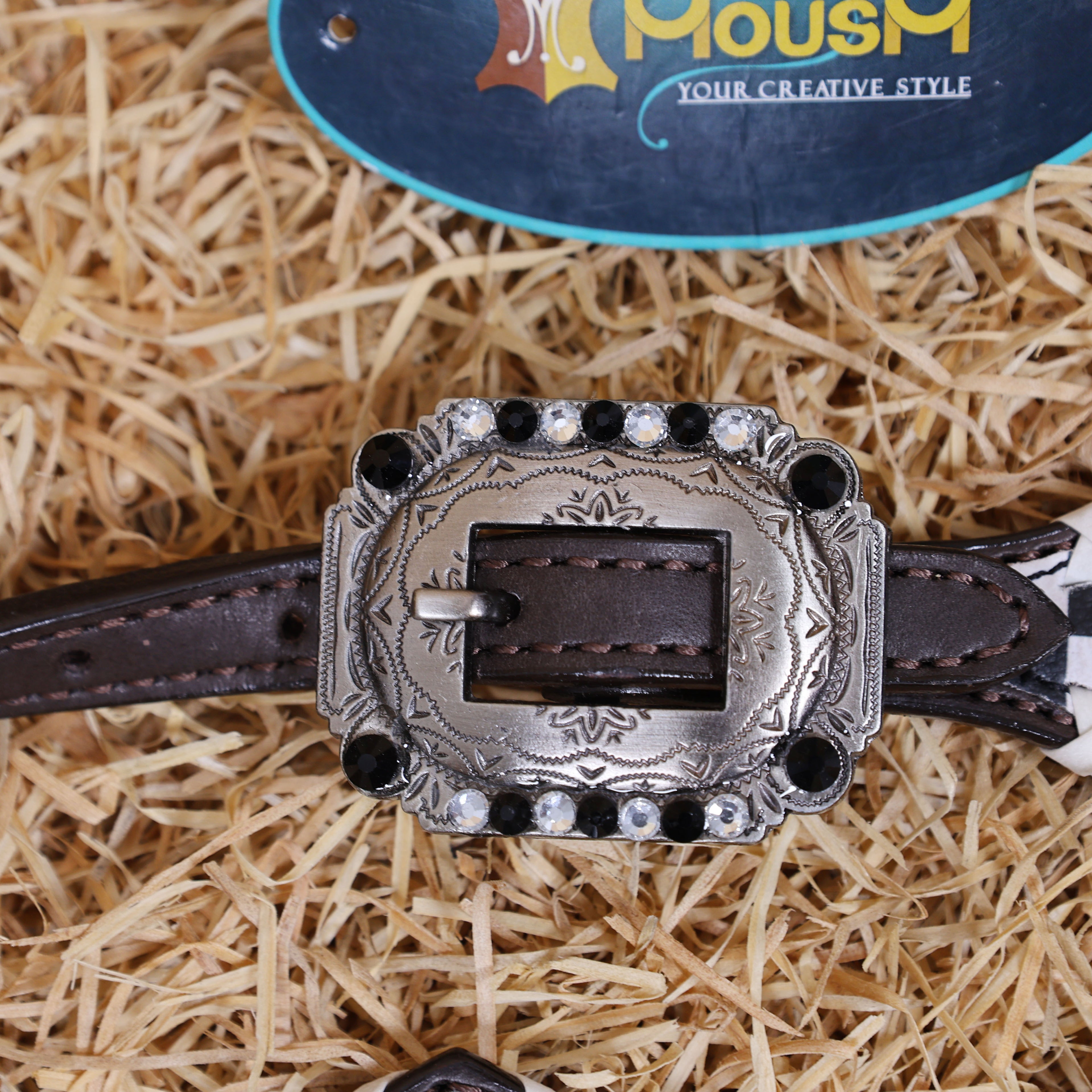 MOUSM Western Headstall and Breast Collar Set - Made with Argentina Cow Leather Decorated with Dual Tone Black Alligator Design and Checkered Pattern, Criss-Cross Rawhide Braiding All Around the Border, Bling Berry Conchos, All Antique Nickel Hardware