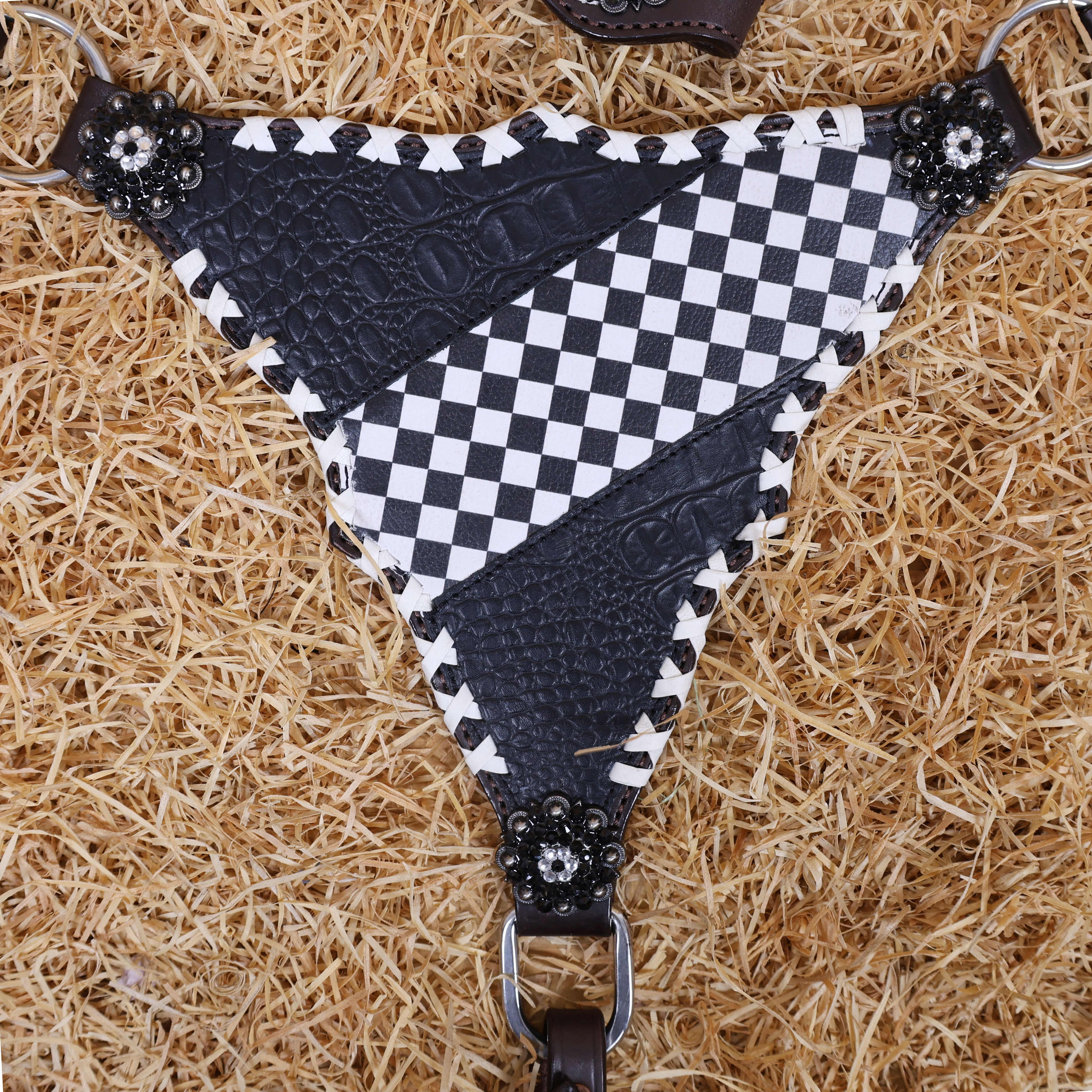 MOUSM Western Headstall and Breast Collar Set - Made with Argentina Cow Leather Decorated with Dual Tone Black Alligator Design and Checkered Pattern, Criss-Cross Rawhide Braiding All Around the Border, Bling Berry Conchos, All Antique Nickel Hardware