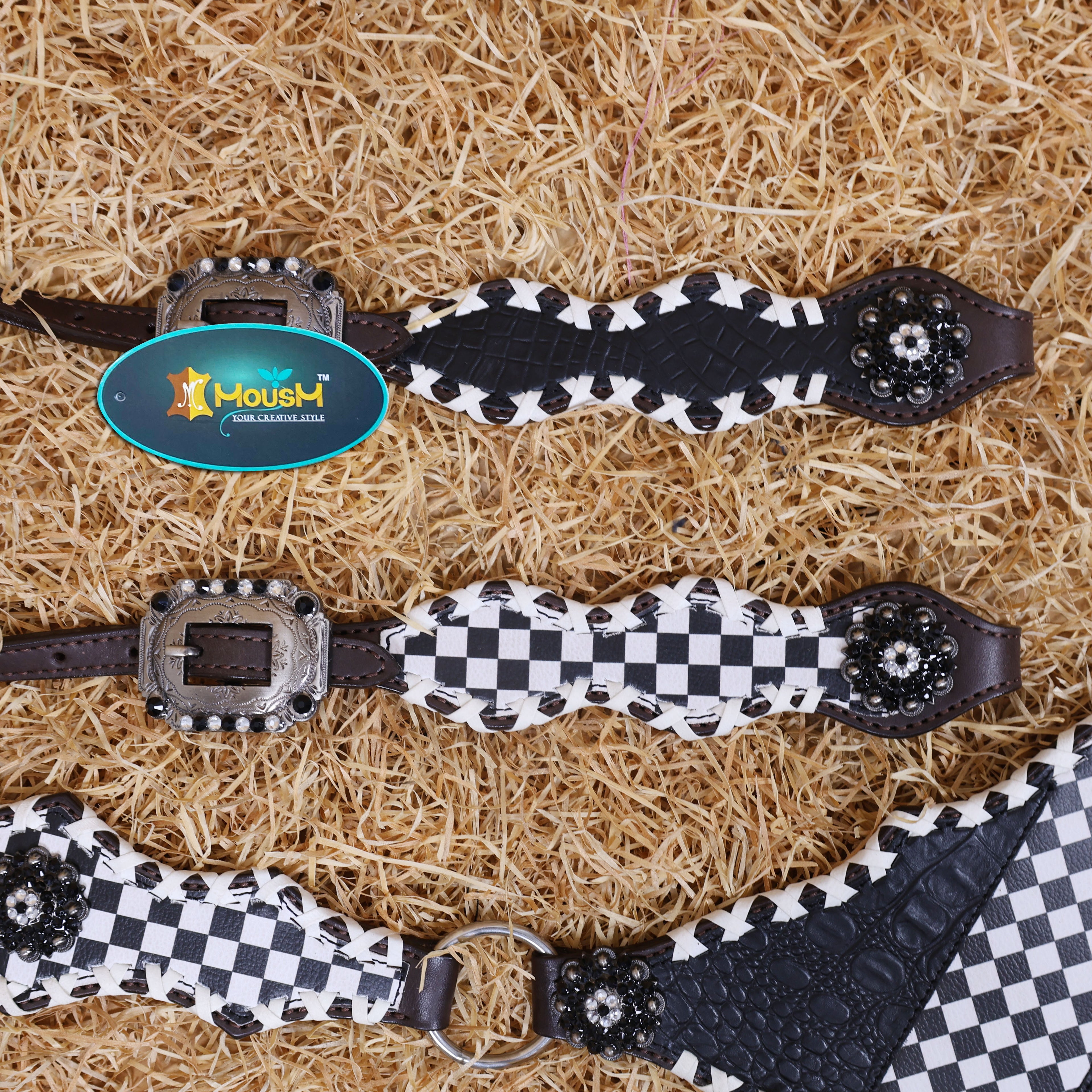 MOUSM Western Headstall and Breast Collar Set - Made with Argentina Cow Leather Decorated with Dual Tone Black Alligator Design and Checkered Pattern, Criss-Cross Rawhide Braiding All Around the Border, Bling Berry Conchos, All Antique Nickel Hardware