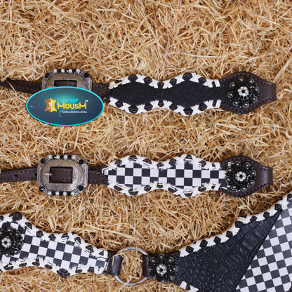 MOUSM Western Headstall and Breast Collar Set - Made with Argentina Cow Leather Decorated with Dual Tone Black Alligator Design and Checkered Pattern, Criss-Cross Rawhide Braiding All Around the Border, Bling Berry Conchos, All Antique Nickel Hardware