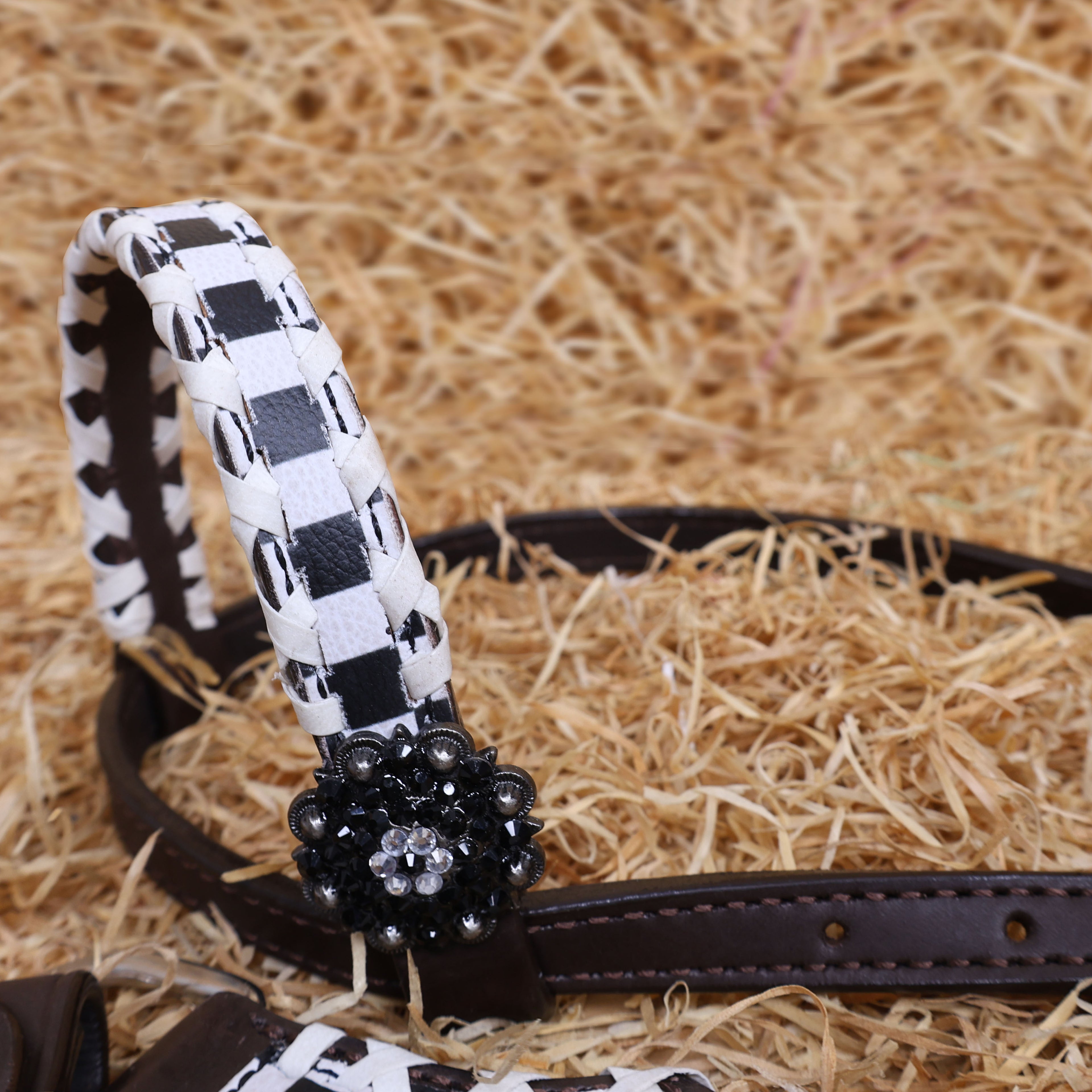 MOUSM Western Headstall and Breast Collar Set - Made with Argentina Cow Leather Decorated with Dual Tone Black Alligator Design and Checkered Pattern, Criss-Cross Rawhide Braiding All Around the Border, Bling Berry Conchos, All Antique Nickel Hardware