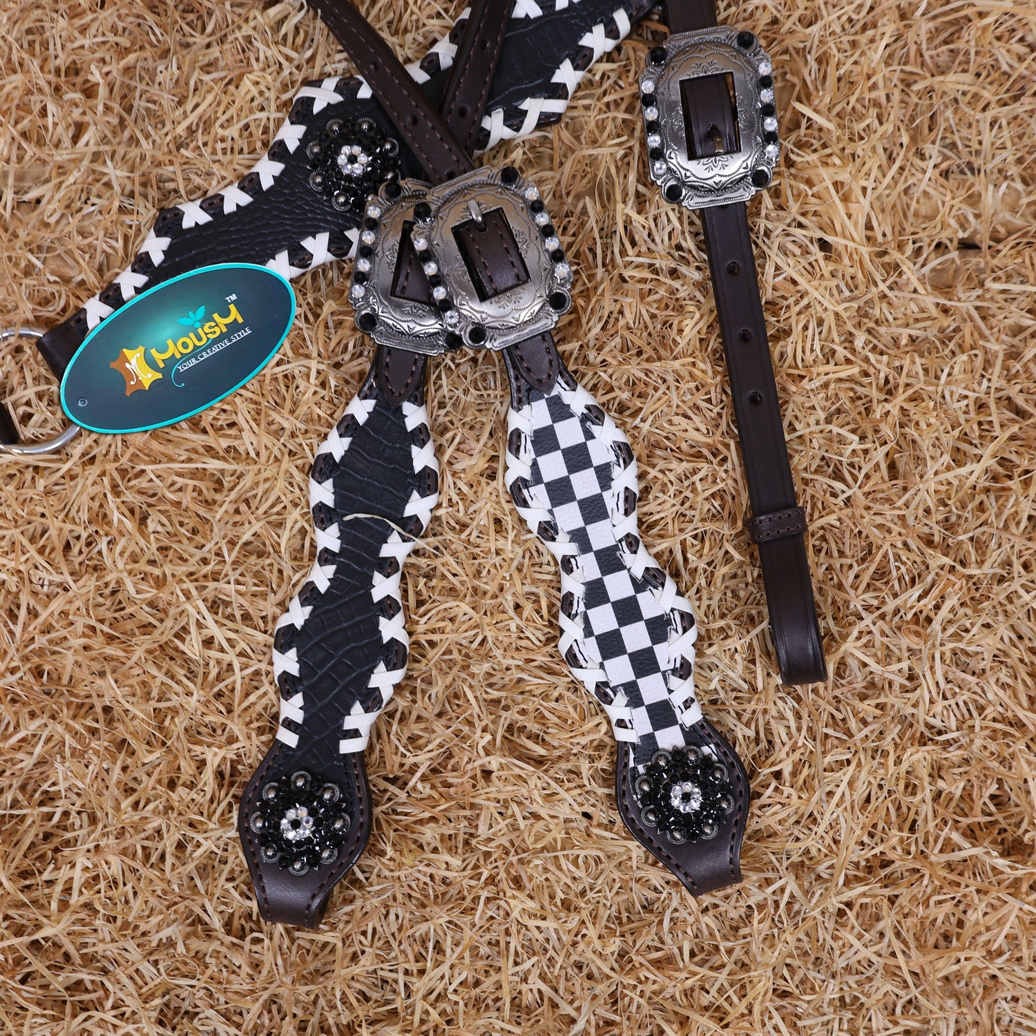 MOUSM Western Headstall and Breast Collar Set - Made with Argentina Cow Leather Decorated with Dual Tone Black Alligator Design and Checkered Pattern, Criss-Cross Rawhide Braiding All Around the Border, Bling Berry Conchos, All Antique Nickel Hardware