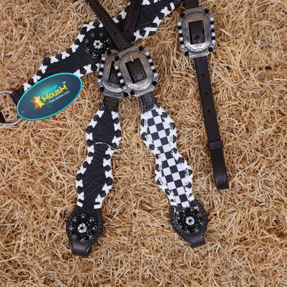 MOUSM Western Headstall and Breast Collar Set - Made with Argentina Cow Leather Decorated with Dual Tone Black Alligator Design and Checkered Pattern, Criss-Cross Rawhide Braiding All Around the Border, Bling Berry Conchos, All Antique Nickel Hardware