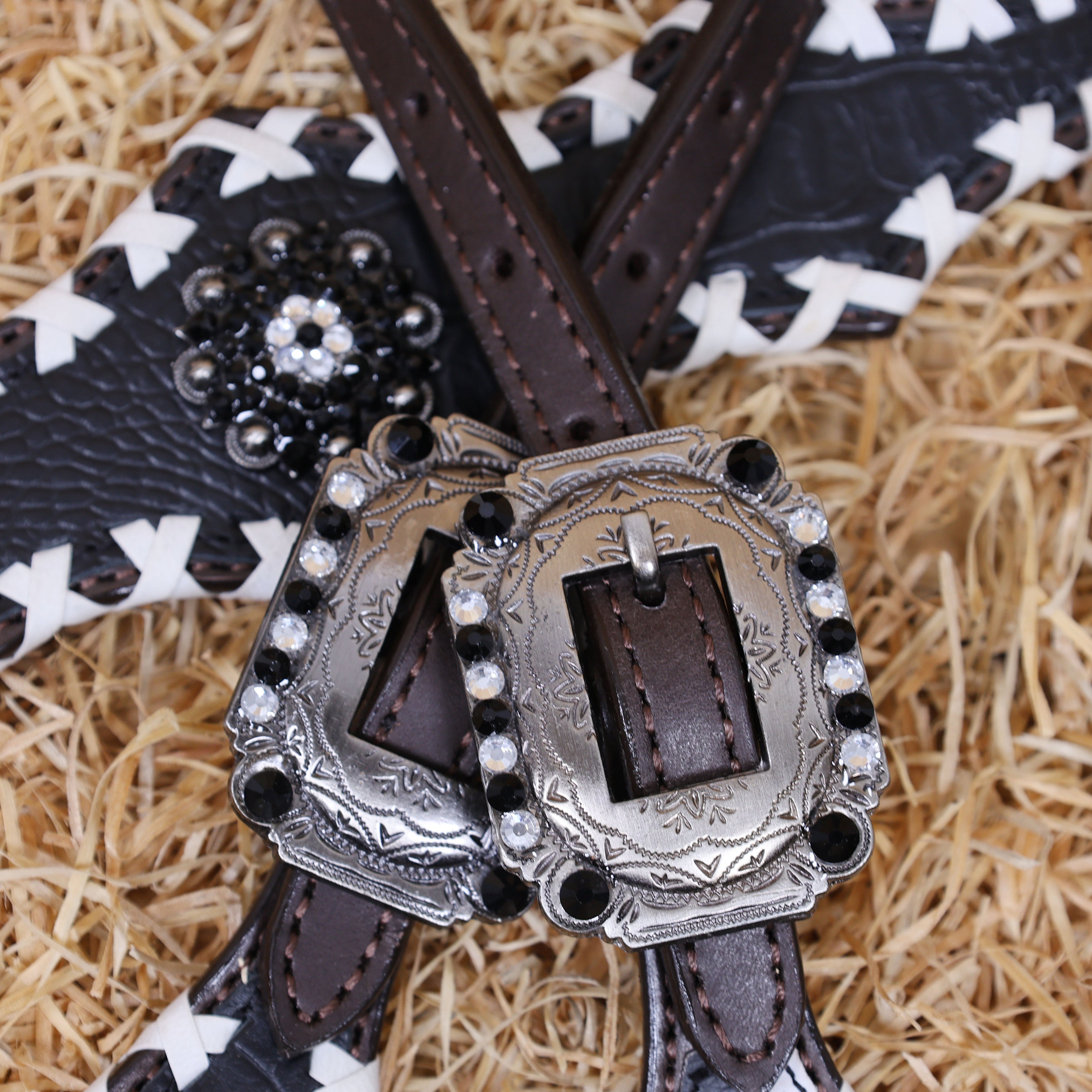 MOUSM Western Headstall and Breast Collar Set - Made with Argentina Cow Leather Decorated with Dual Tone Black Alligator Design and Checkered Pattern, Criss-Cross Rawhide Braiding All Around the Border, Bling Berry Conchos, All Antique Nickel Hardware