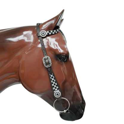 MOUSM Western Horse Tack Set – Made From Argentina Cow Leather, Featuring Gladiator-Style Breast Collar Decorated With Dazzling Black And White Checkered Stone Design, Round Berry Conchos, Leather Roping, And All Antique Nickel Hardware