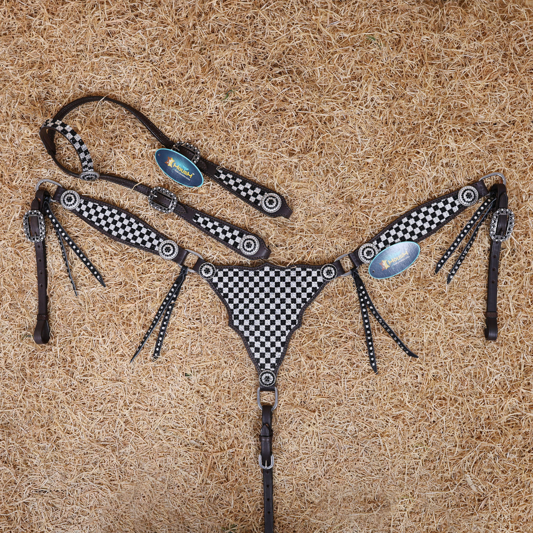 MOUSM Western Horse Tack Set – Made From Argentina Cow Leather, Featuring Gladiator-Style Breast Collar Decorated With Dazzling Black And White Checkered Stone Design, Round Berry Conchos, Leather Roping, And All Antique Nickel Hardware