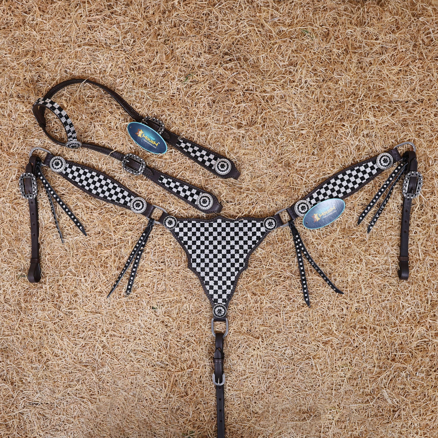 MOUSM Western Horse Tack Set – Made From Argentina Cow Leather, Featuring Gladiator-Style Breast Collar Decorated With Dazzling Black And White Checkered Stone Design, Round Berry Conchos, Leather Roping, And All Antique Nickel Hardware
