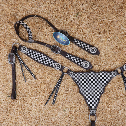 MOUSM Western Horse Tack Set – Made From Argentina Cow Leather, Featuring Gladiator-Style Breast Collar Decorated With Dazzling Black And White Checkered Stone Design, Round Berry Conchos, Leather Roping, And All Antique Nickel Hardware