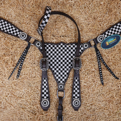 MOUSM Western Horse Tack Set – Made From Argentina Cow Leather, Featuring Gladiator-Style Breast Collar Decorated With Dazzling Black And White Checkered Stone Design, Round Berry Conchos, Leather Roping, And All Antique Nickel Hardware